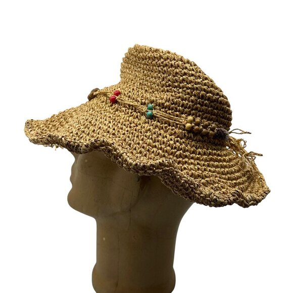 Saks Fifth Avenue Blue Women's OS Straw Hat Boho Hippie Floppy Wide Brim Woven - Picture 3 of 10